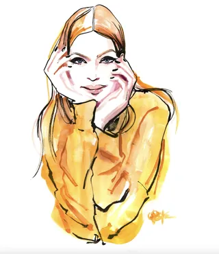 Woman holding broken mirror reflecting her face, watercolor by Briana Kranz