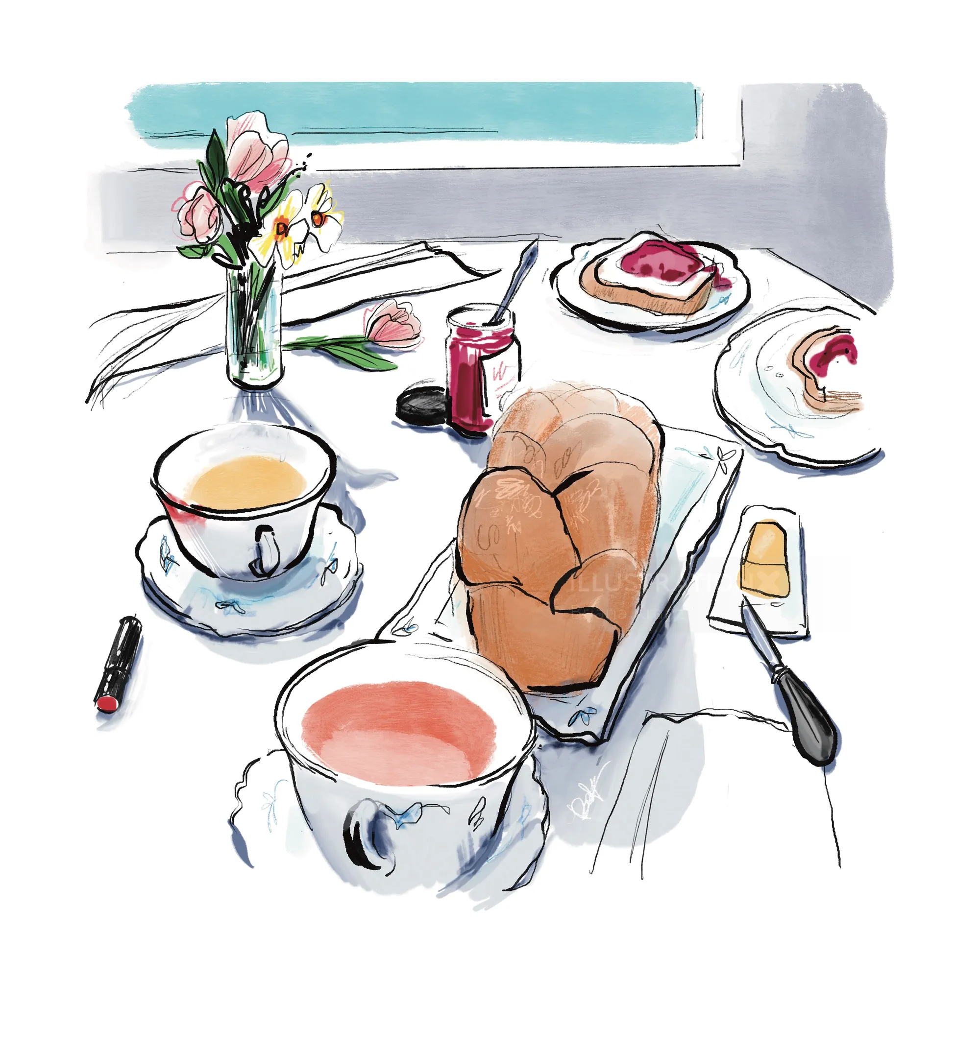 Cozy tea setting with bread, jam, two cups, and flowers by Briana Kranz