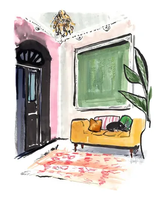 Cozy living room with yellow sofa and green window by Briana Kranz