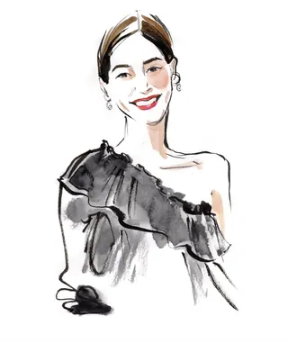 Watercolor and ink portrait of smiling woman by Briana Kranz