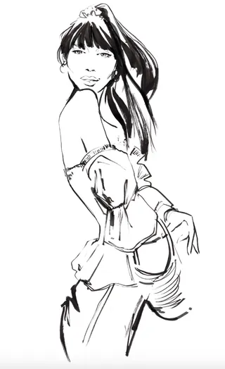 Fashion sketch of a woman in stylish clothing by Briana Kranz