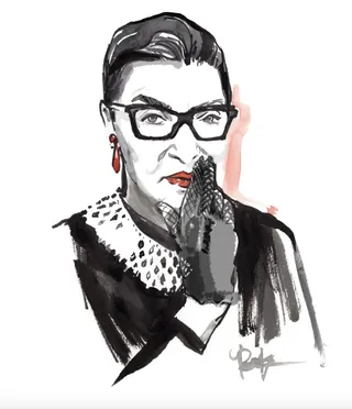 Illustration of Ruth Bader Ginsburg wearing glasses and lace collar by Briana Kranz