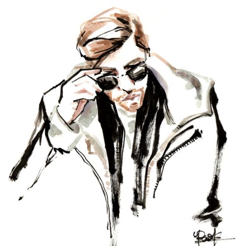 Watercolor illustration of woman adjusting sunglasses by Briana Kranz
