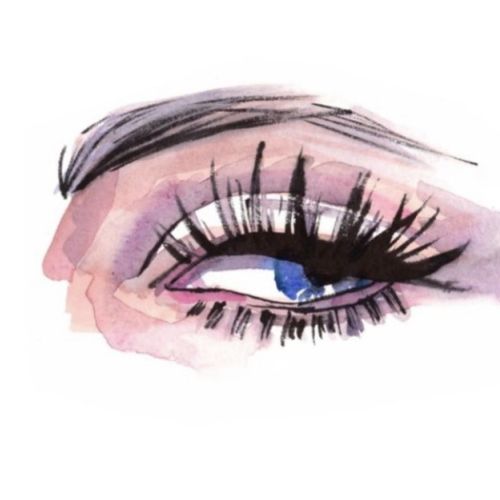 Watercolor painting of a blue eye with long lashes by Briana Kranz
