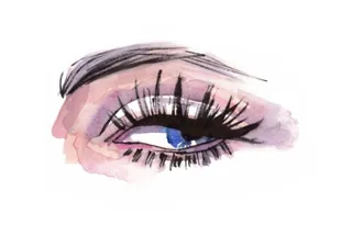 Watercolor painting of a blue eye with long lashes by Briana Kranz