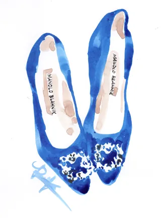 Watercolor painting of blue Manolo Blahnik shoes by Briana Kranz
