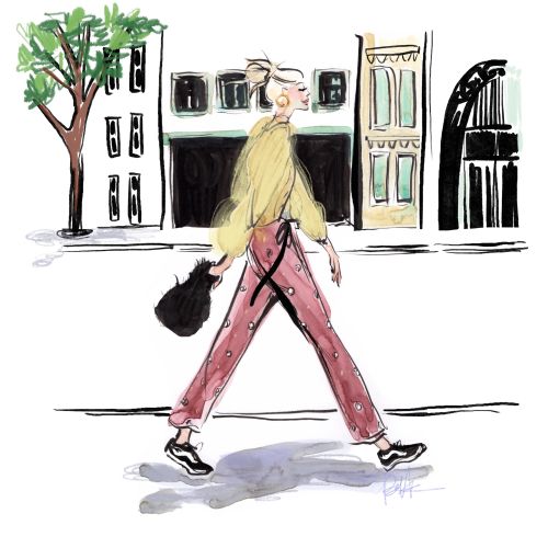 Woman walking on city street carrying guitar case, illustration by Briana Kranz
