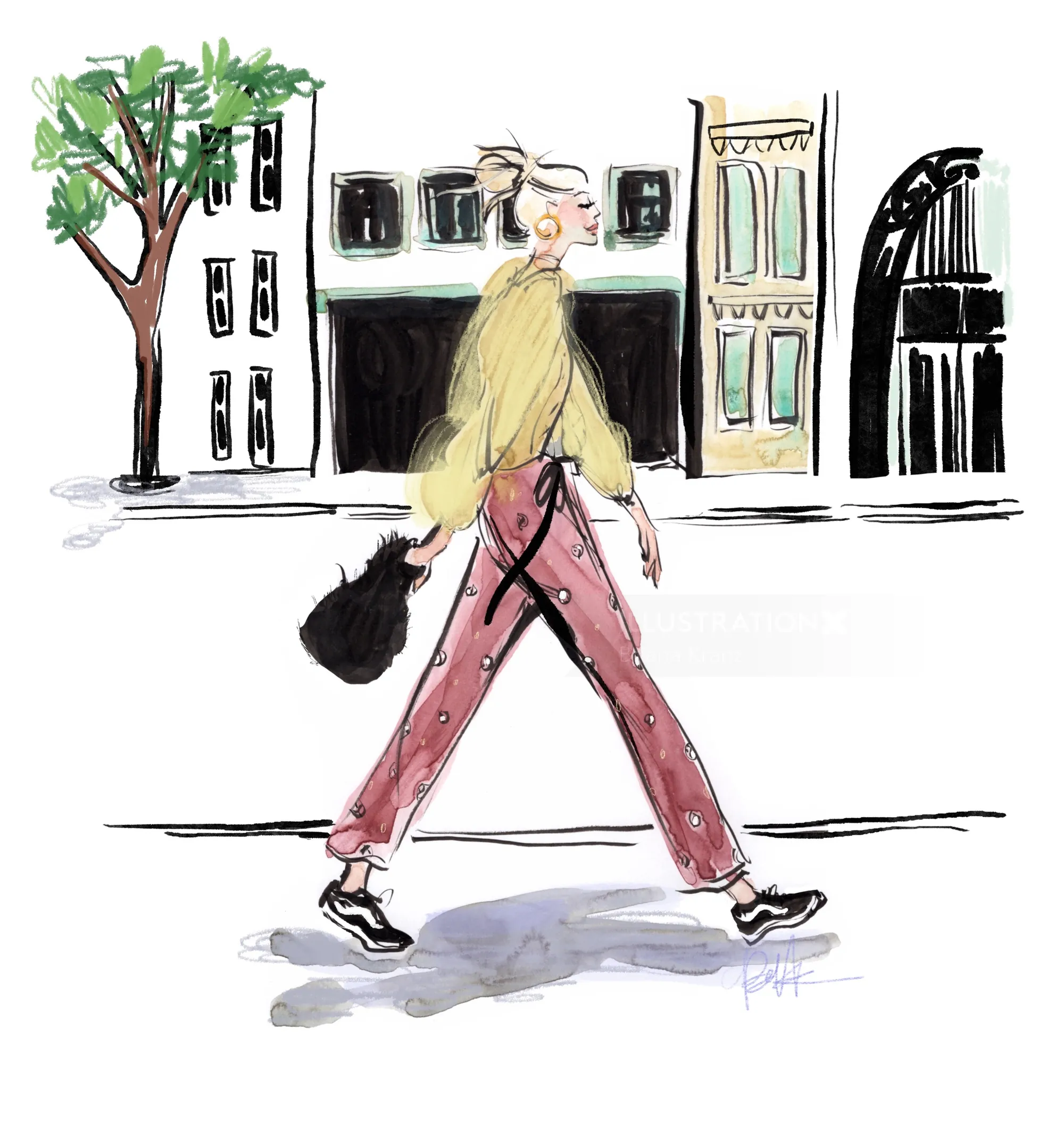 Frau mit Gitarrenkoffer auf der Straße, Illustration von Briana Kranz