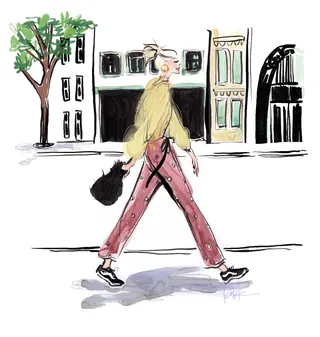 Woman walking on city street carrying guitar case, illustration by Briana Kranz