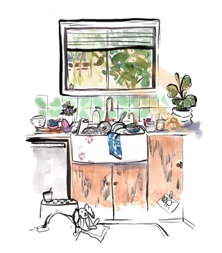 Cozy kitchen sink with dishware and plants by Briana Kranz