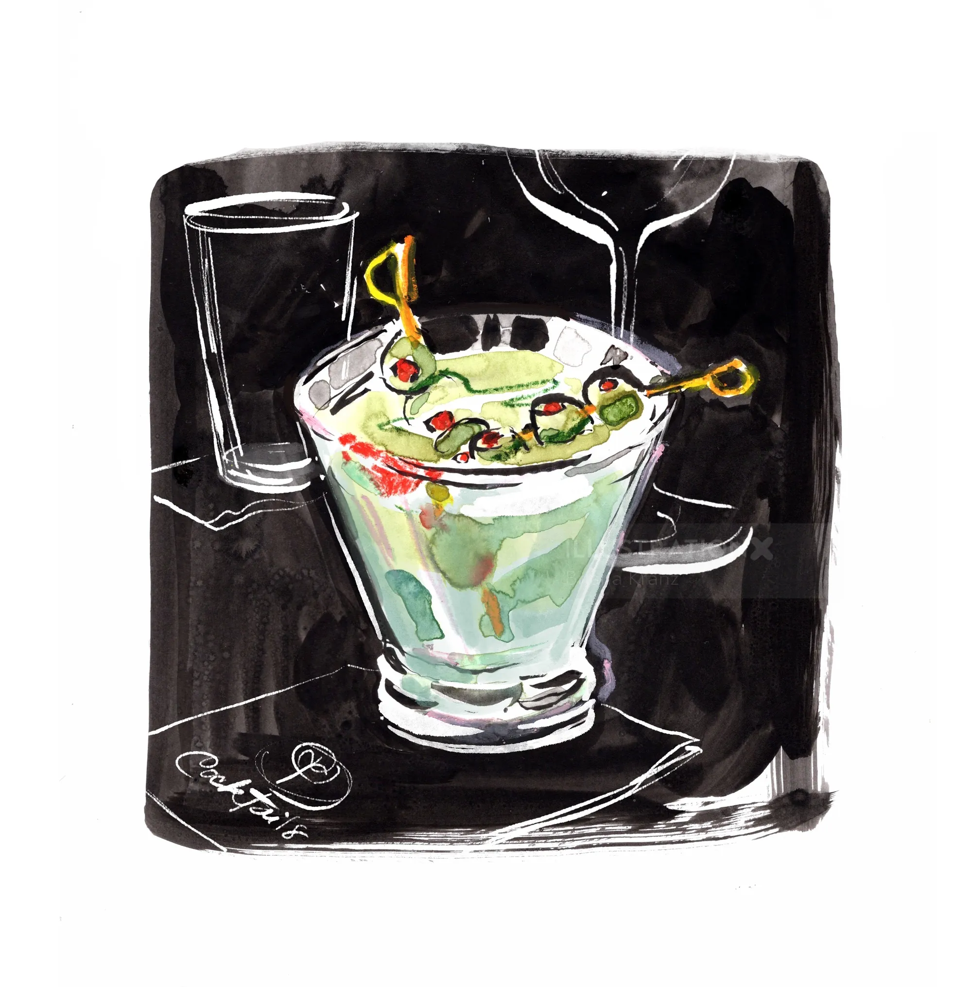Gemälde eines Dirty Martini mit Oliven von Briana Kranz