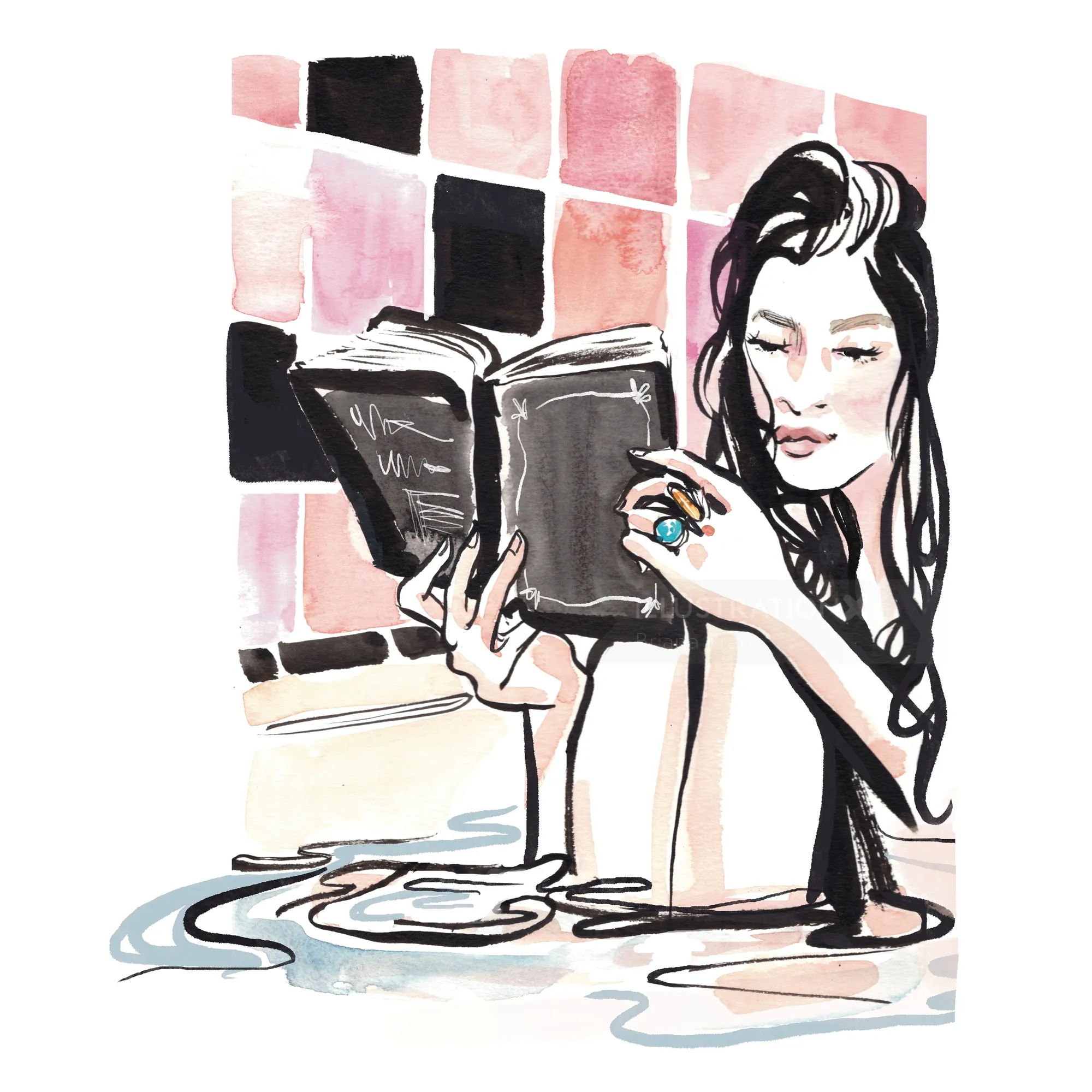 Woman reading book in bathtub with pink tiled wall by Briana Kranz
