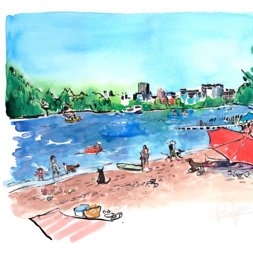 Watercolor of people at Sellwood Riverfront Park beach by Briana Kranz