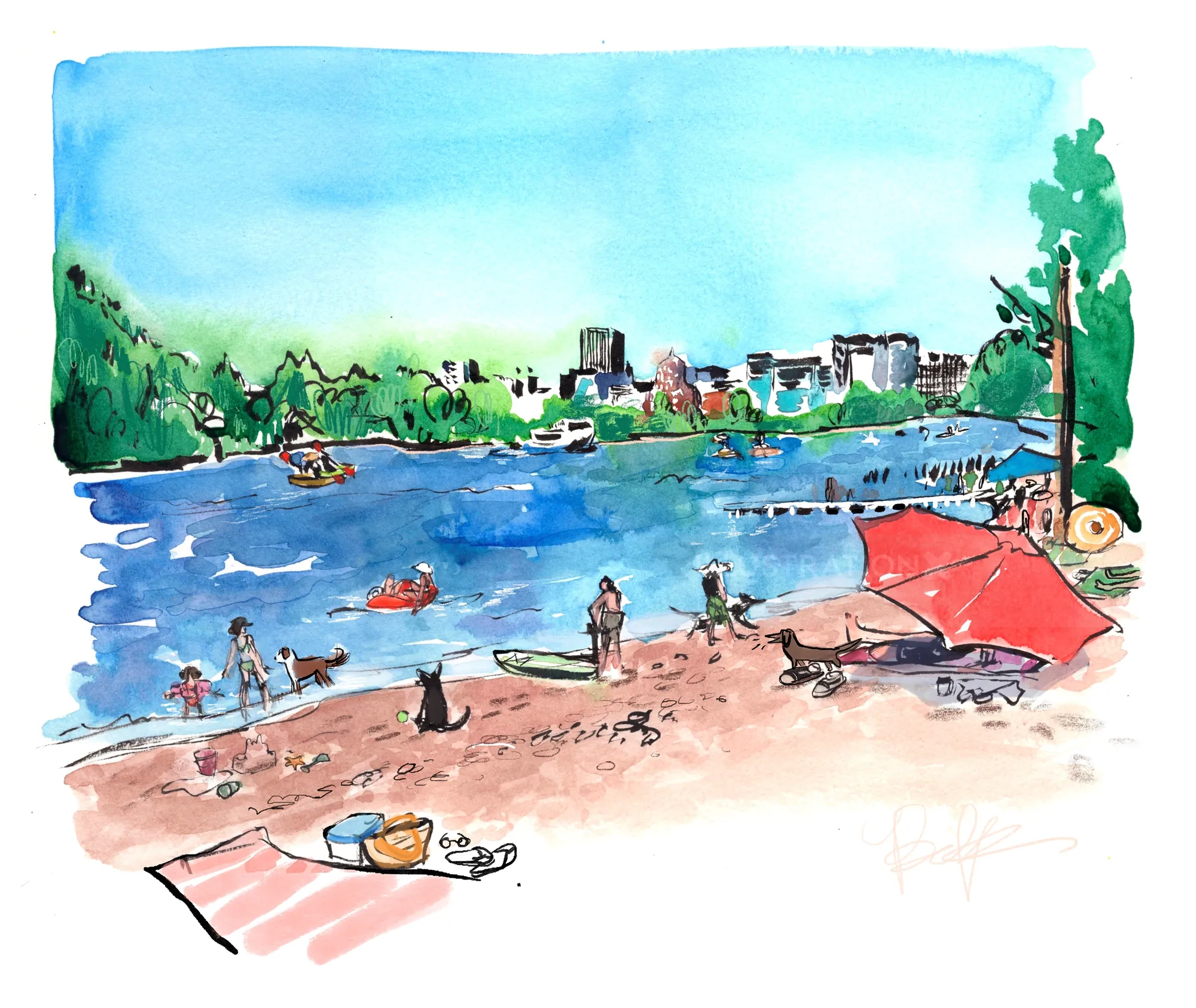 Aquarell von Menschen am Strand des Sellwood Riverfront Parks von Briana Kranz