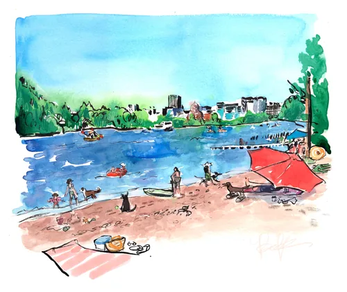 Watercolor of people at Sellwood Riverfront Park beach by Briana Kranz