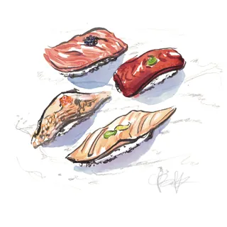 Watercolor painting of four sushi pieces by Briana Kranz