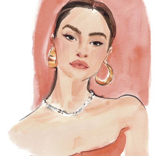 Watercolor portrait of Selena Gomez wearing hoop earrings by Briana Kranz