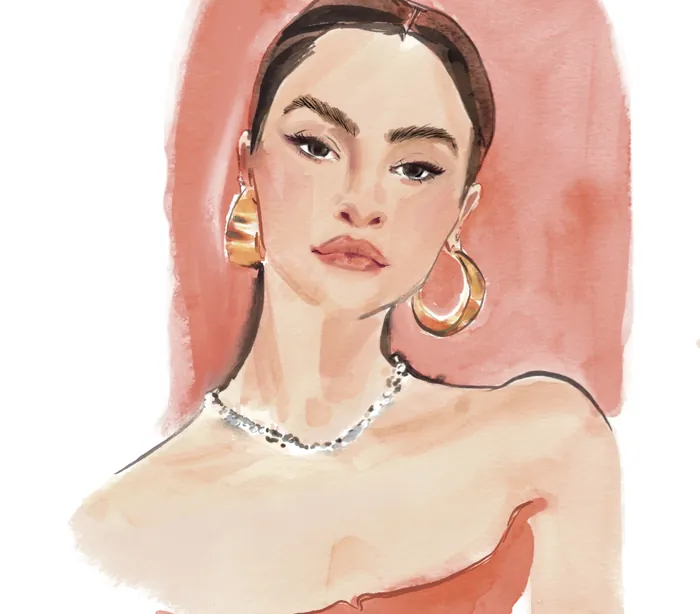 Watercolor portrait of Selena Gomez wearing hoop earrings by Briana Kranz