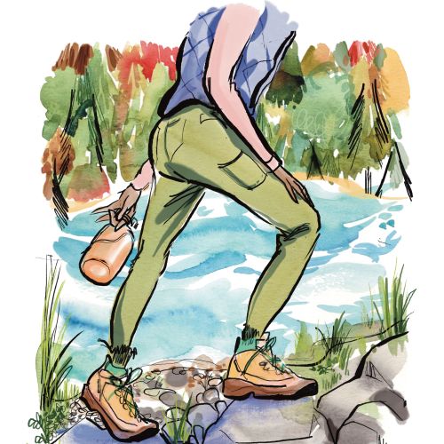 Person crossing rocky stream outdoors illustration by Briana Kranz
