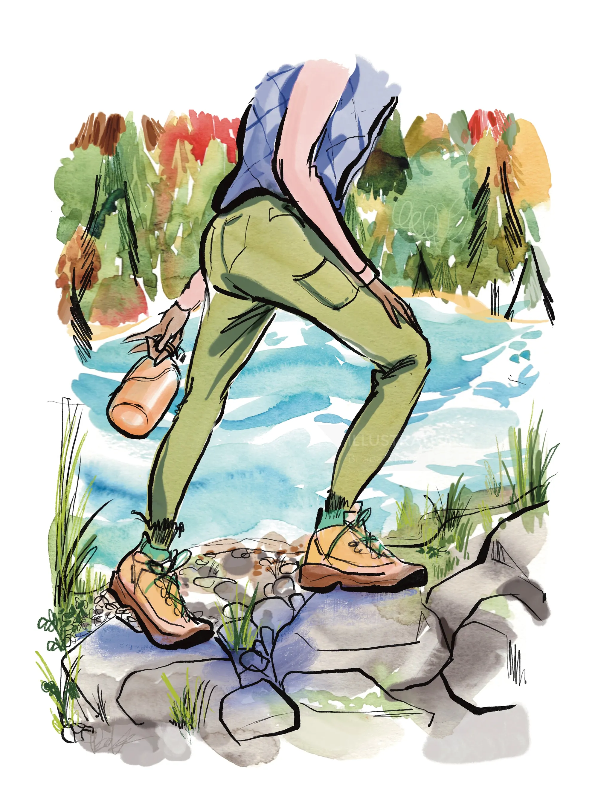 Illustration einer Person, die einen felsigen Bach im Freien überquert, von Briana Kranz
