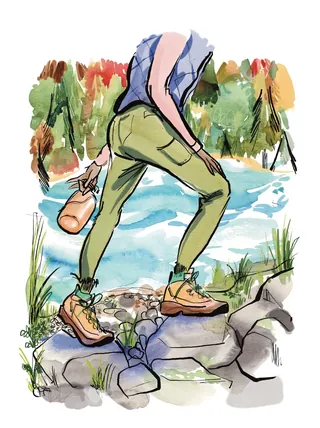 Person crossing rocky stream outdoors illustration by Briana Kranz