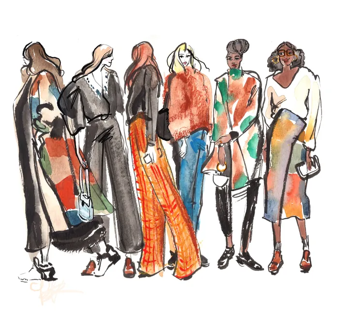 Watercolor illustration of six fashionable women in various stylish clothes