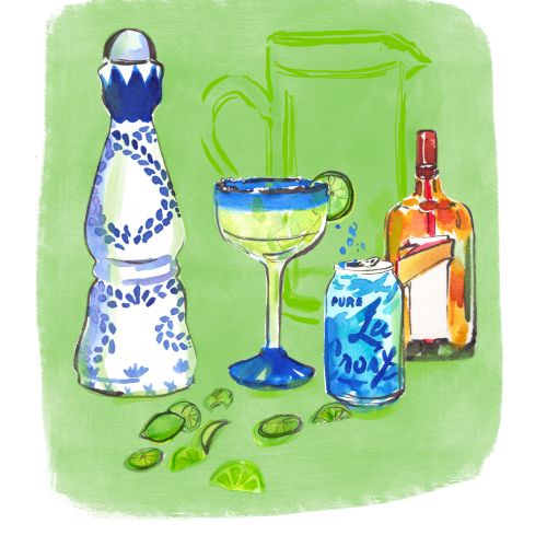Tequila bottle, margarita glass, lime slices, soda can on green background