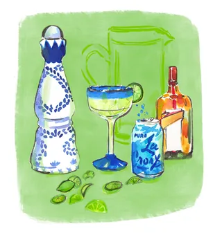 Tequila bottle, margarita glass, lime slices, soda can on green background