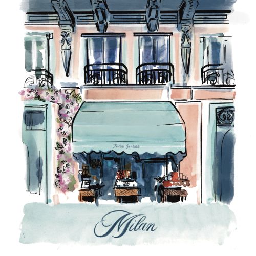 Watercolor illustration of Milan building facade with balconies and cafe