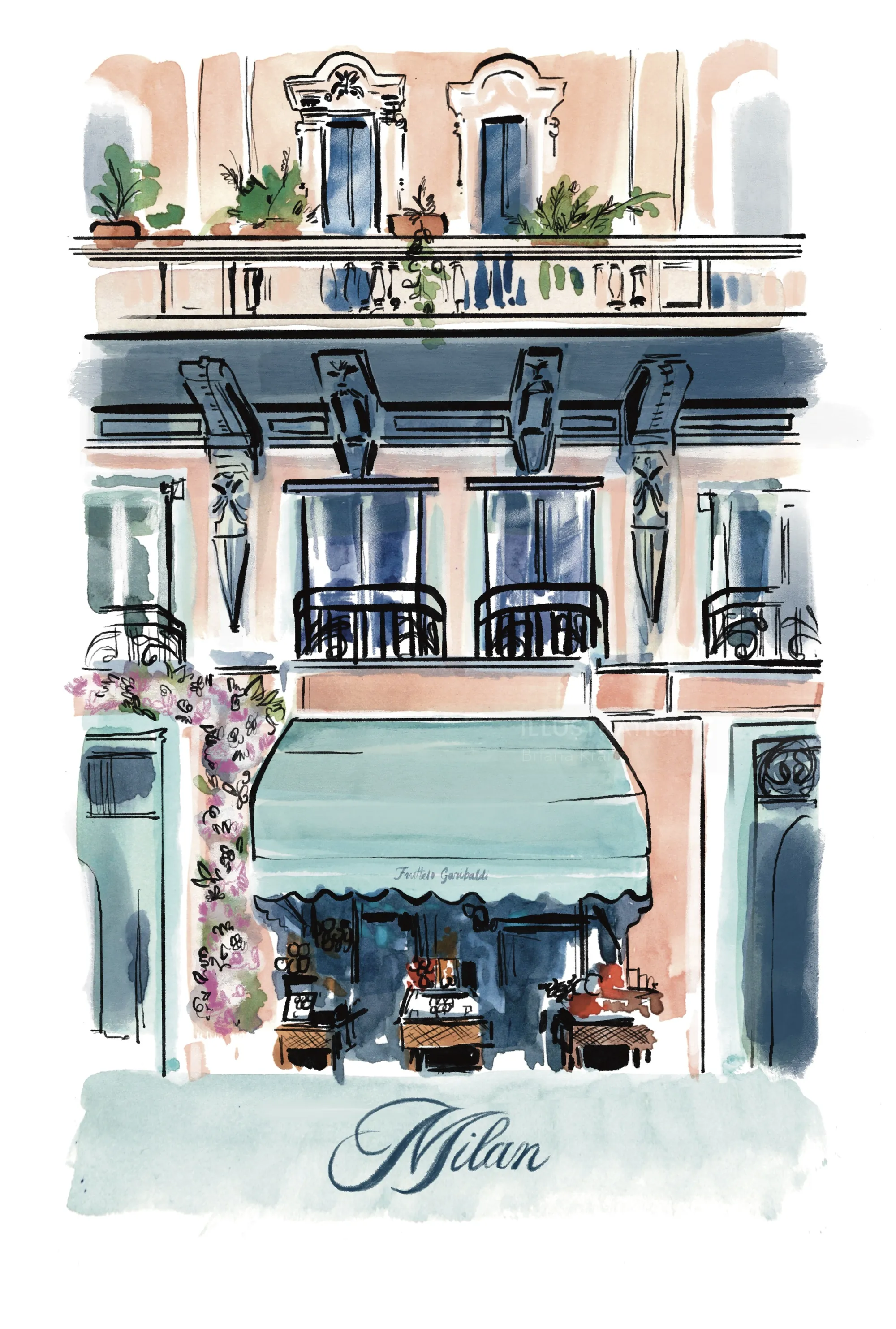 Watercolor illustration of Milan building facade with balconies and cafe