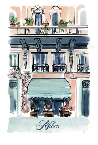 Watercolor illustration of Milan building facade with balconies and cafe
