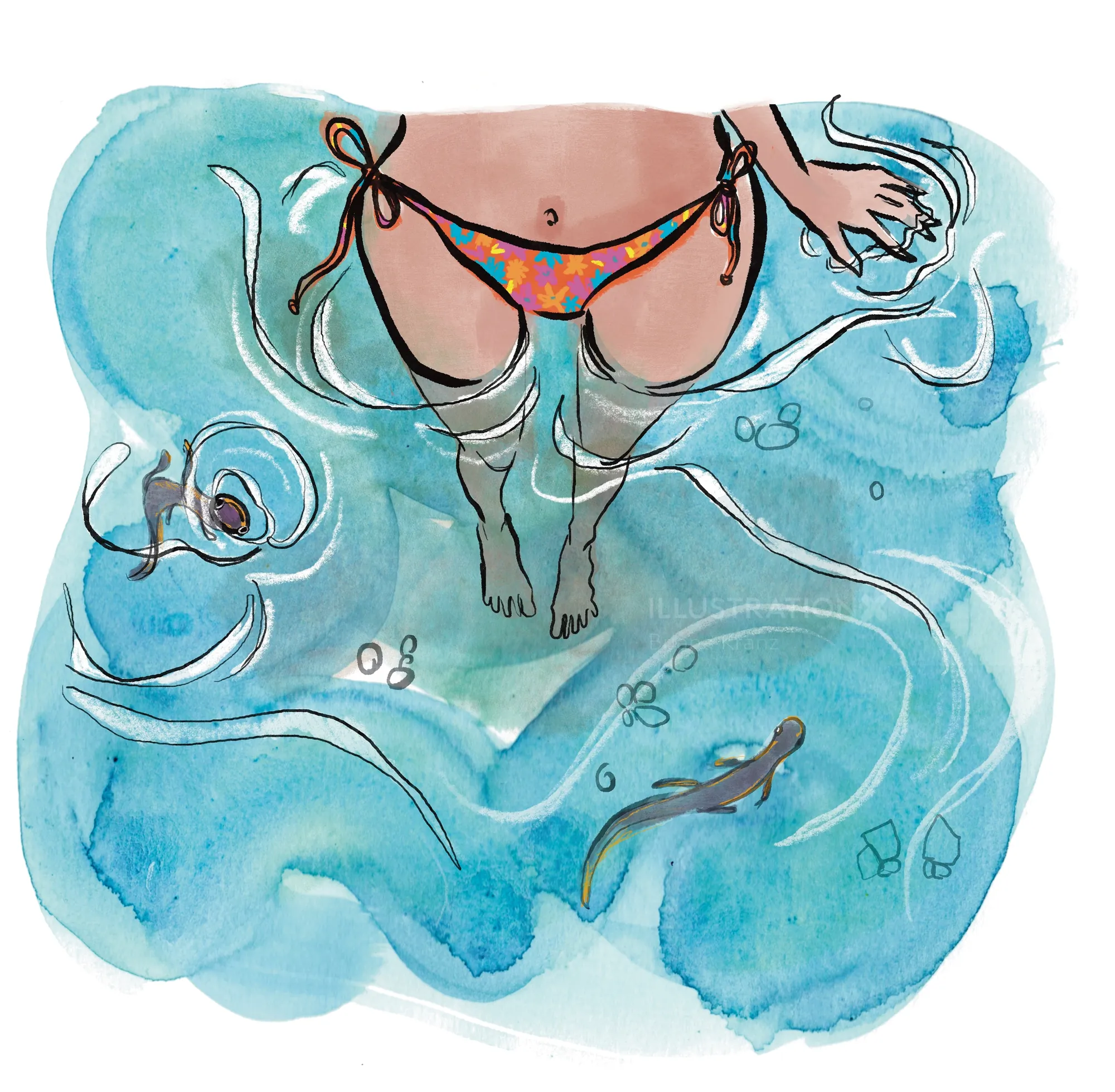 Woman floating in water wearing floral bikini bottom viewed from above