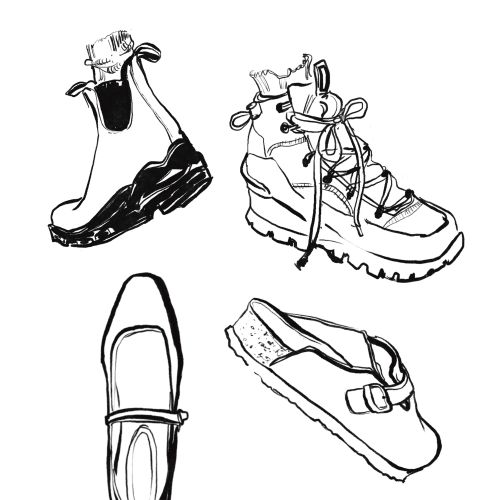 Line drawing of four assorted shoes in black and white
