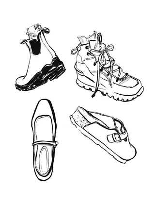 Line drawing of four assorted shoes in black and white