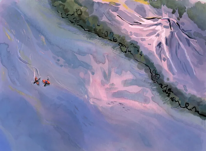 Two kayakers paddling near a shoreline at sunset