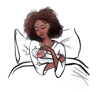 Mother cradling newborn baby while resting in hospital bed.