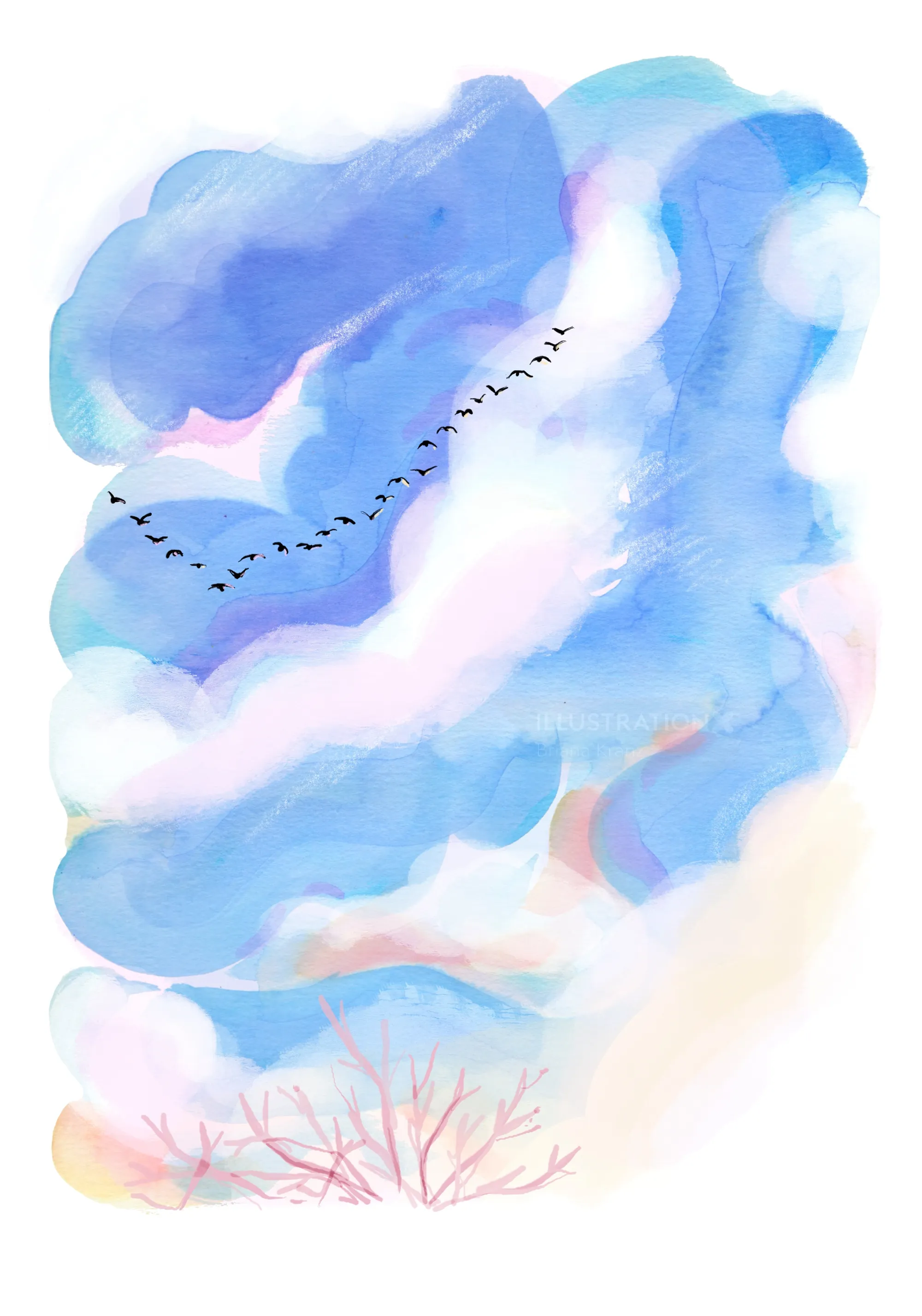 Eine Gänseschar fliegt vor einem blau-rosa Aquarellhimmel