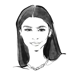 Black and white sketch of a woman with long hair and necklace