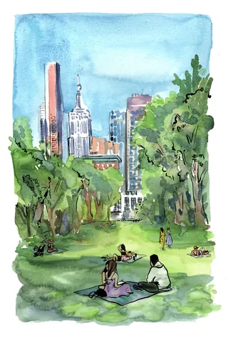 People relaxing in Madison Square Park with NYC skyline background