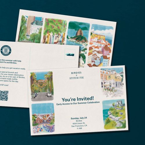 Invitation cards with colorful scenic coastal and village artwork