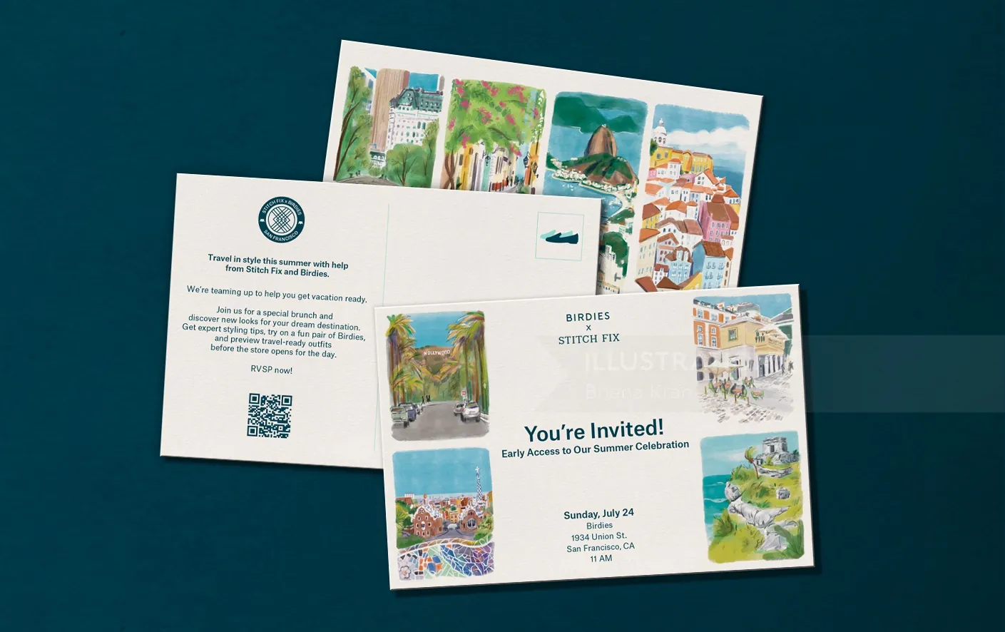 Invitation cards with colorful scenic coastal and village artwork