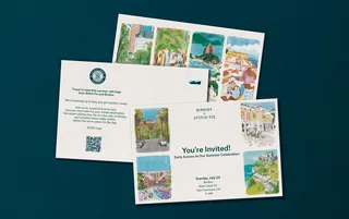 Invitation cards with colorful scenic coastal and village artwork