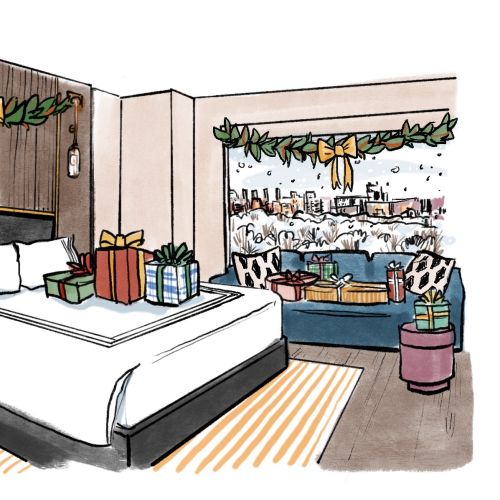 Holiday decorated hotel room with bed, garlands, and wrapped presents
