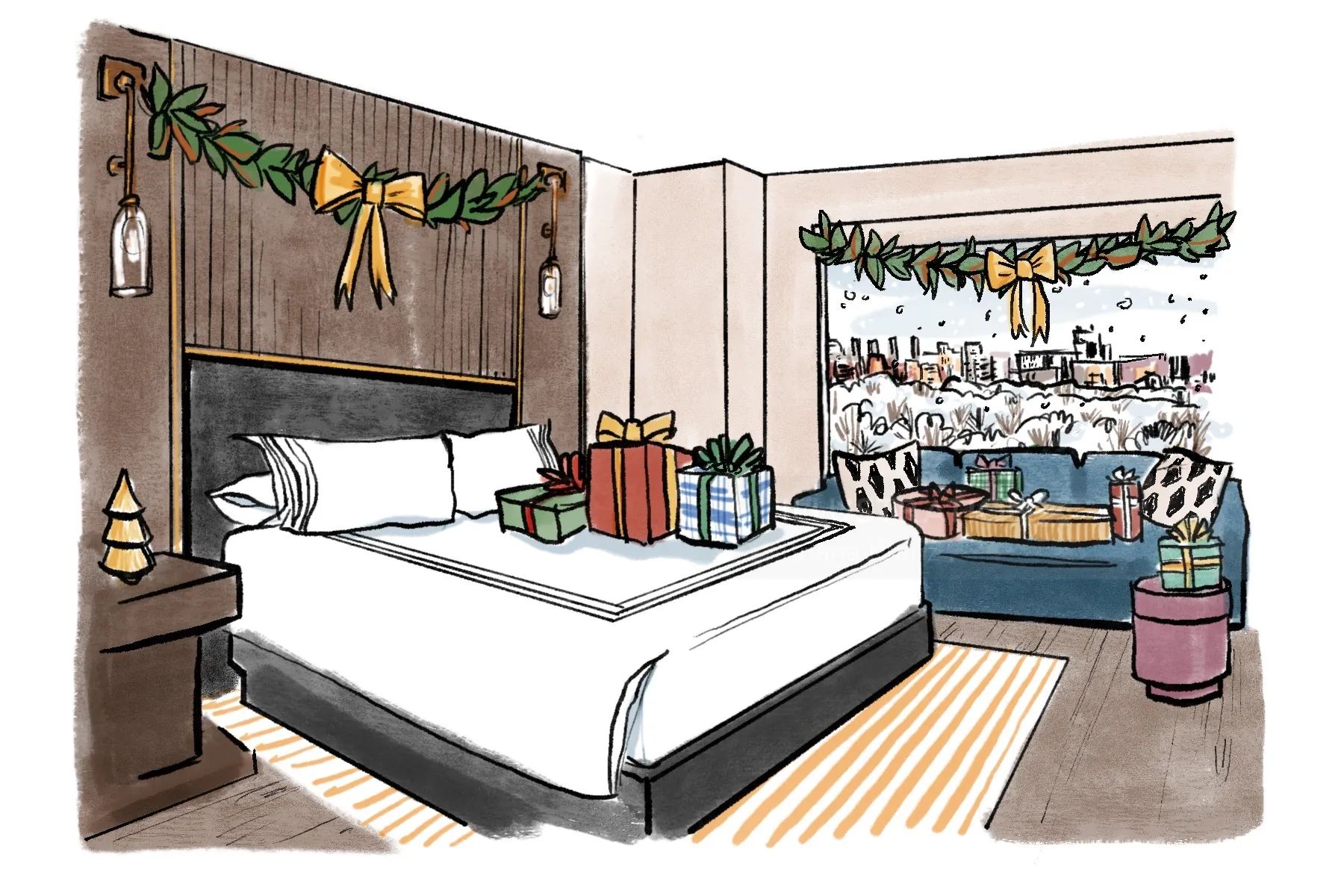 Chambre d'hôtel décorée pour les fêtes avec lit, guirlandes et cadeaux emballés
