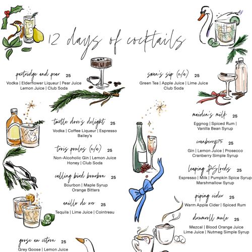 Illustrated cocktail menu with twelve unique drink recipes and ingredients