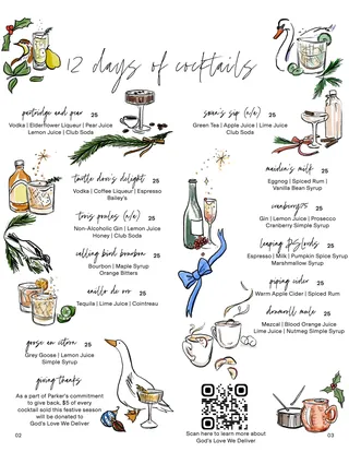 Illustrated cocktail menu with twelve unique drink recipes and ingredients