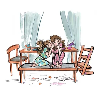 Two girls whispering on a table in a room with chairs and papers