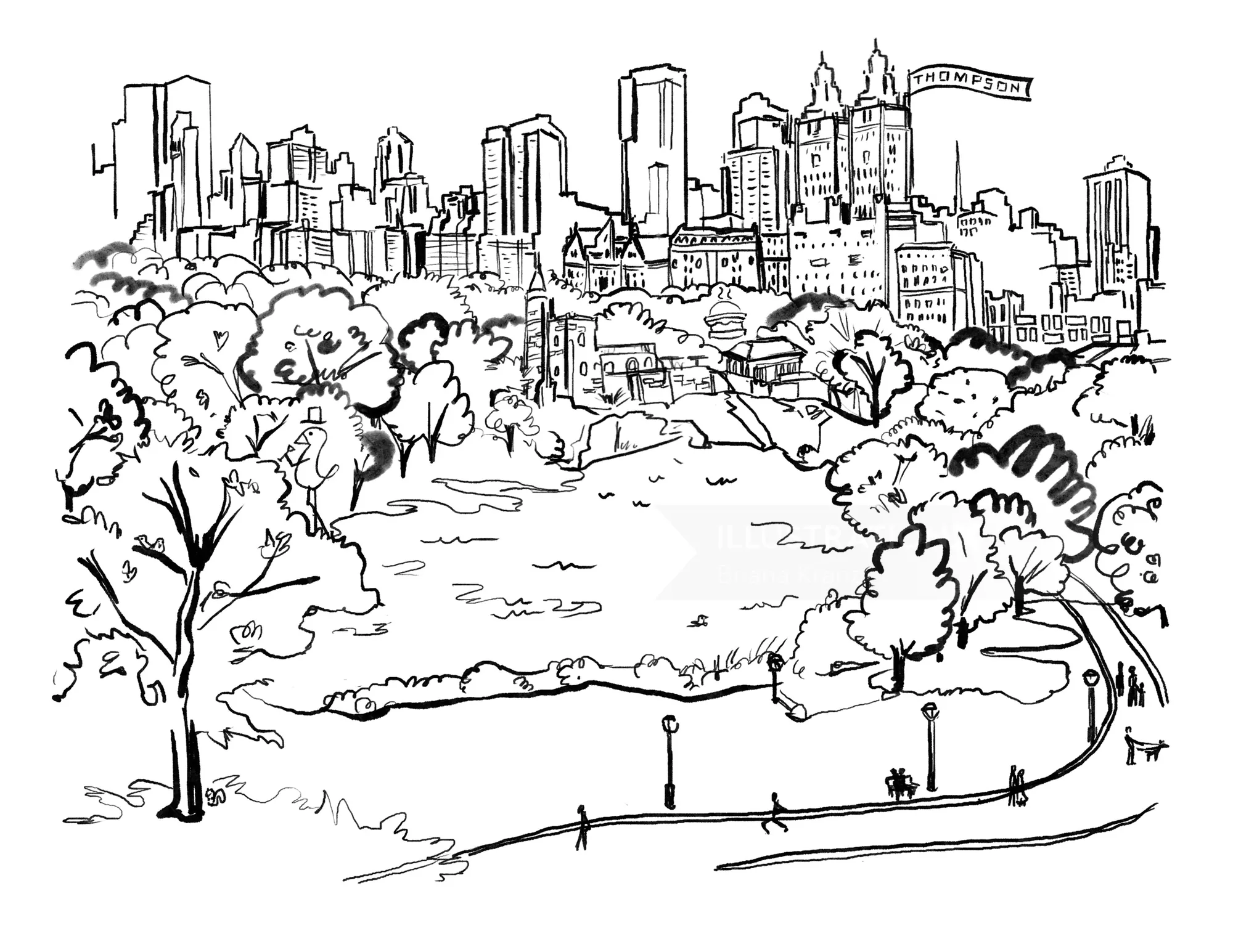 Schwarz-Weiß-Skizze des Central Parks mit der Skyline der Stadt