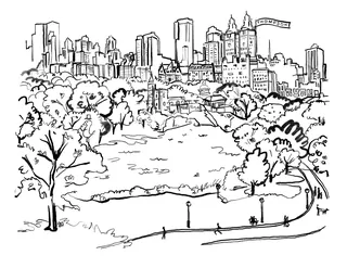 Black and white sketch of Central Park with city skyline