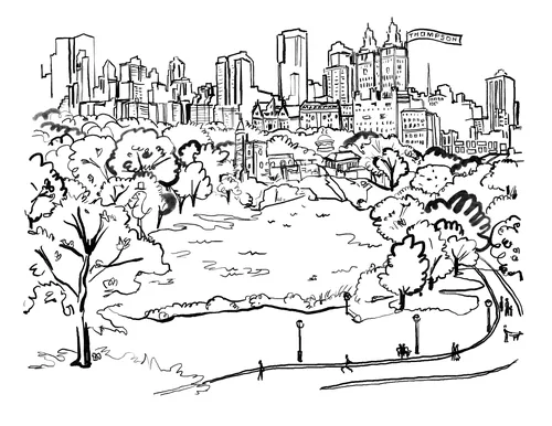 Black and white sketch of Central Park with city skyline